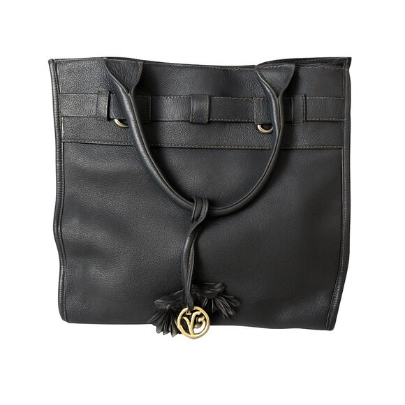 Johnston & Murphy Black Leather Tote Bag Purse Gold Logo Charm | Large Interior - Picture 1 of 8